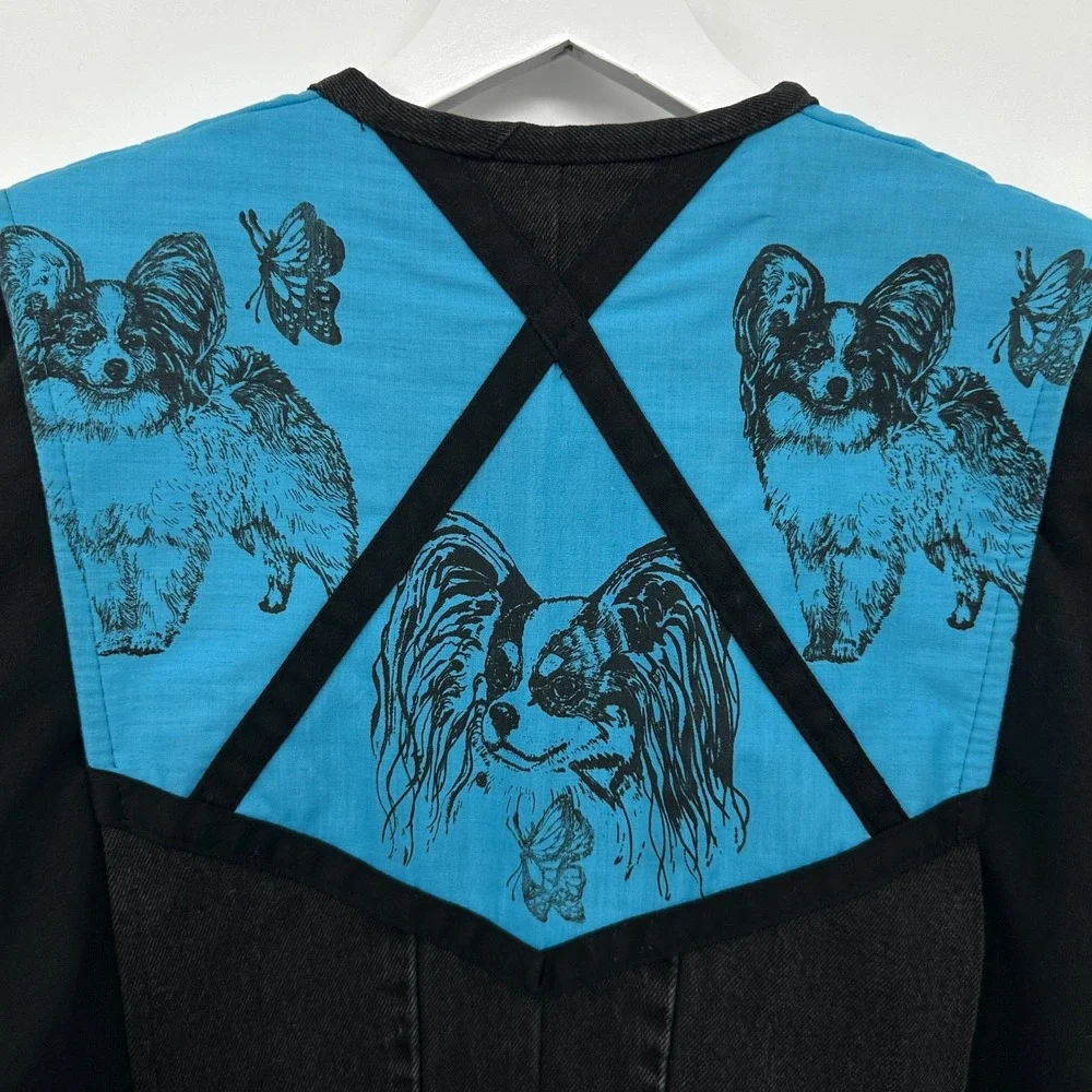 Vintage Upcycled Papillion Dog‎ Lover Jacket Size Small Fleece Denim Pockets